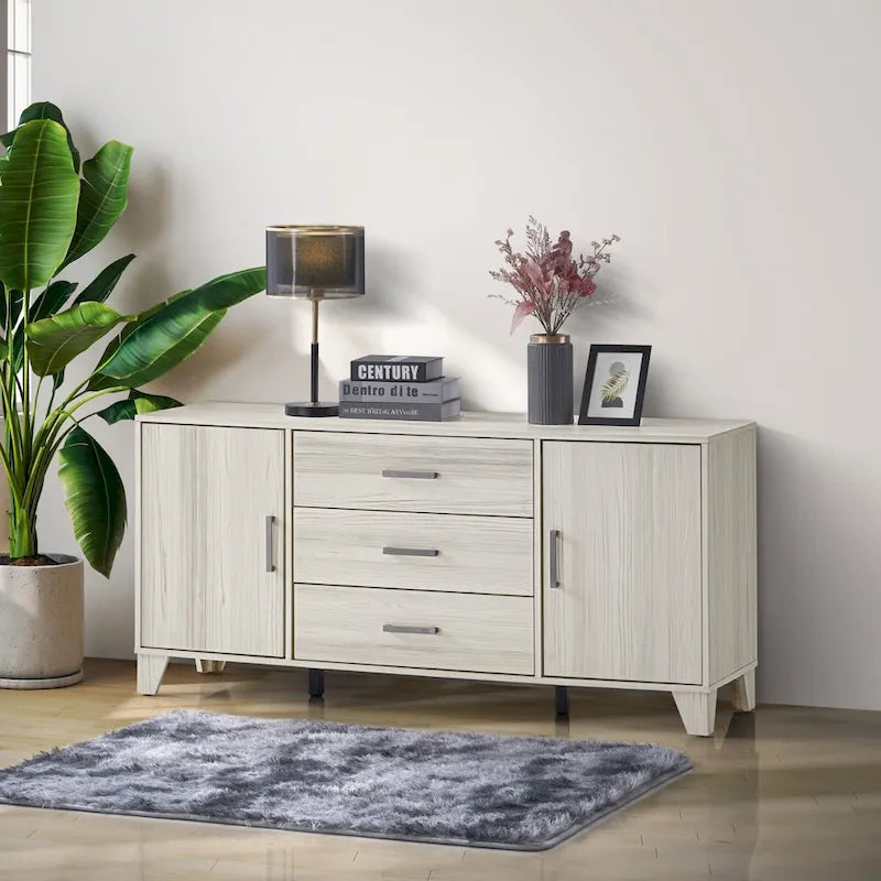 Modern Sideboard with 2 Cabinets and 3 Drawers, Tapered Legs