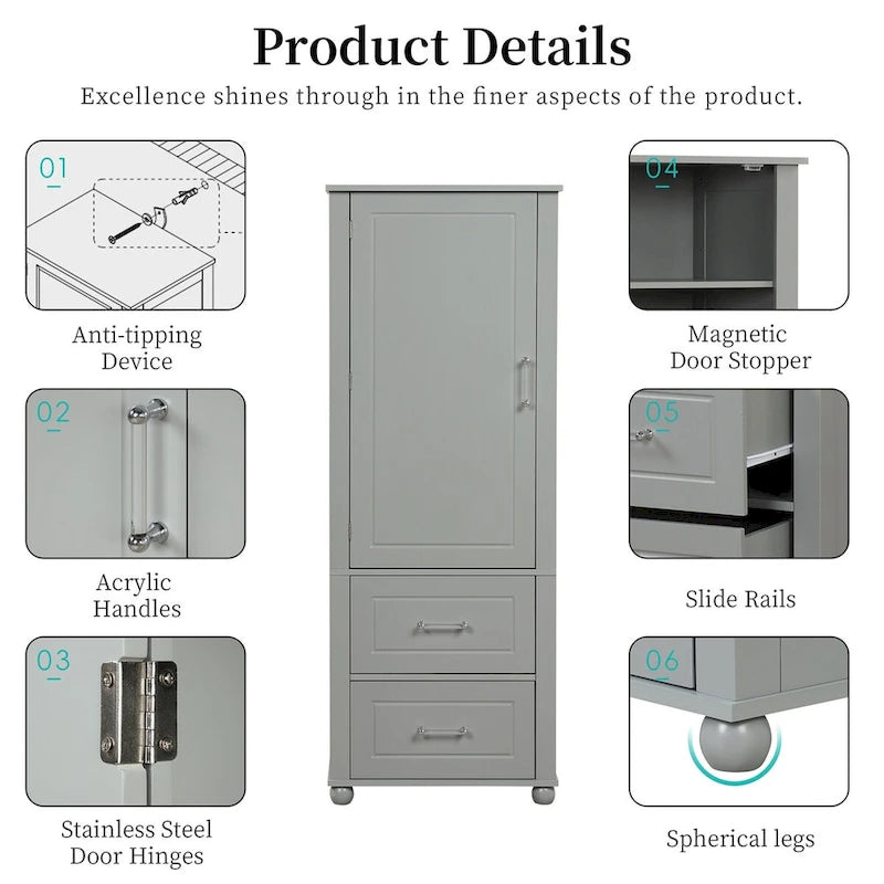 Tall Freestanding Bathroom Storage Cabinet with Two Drawers