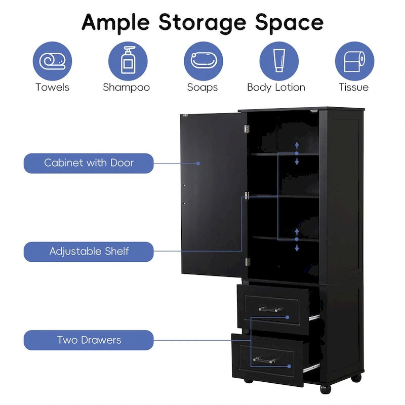 Tall Freestanding Bathroom Storage Cabinet with Two Drawers