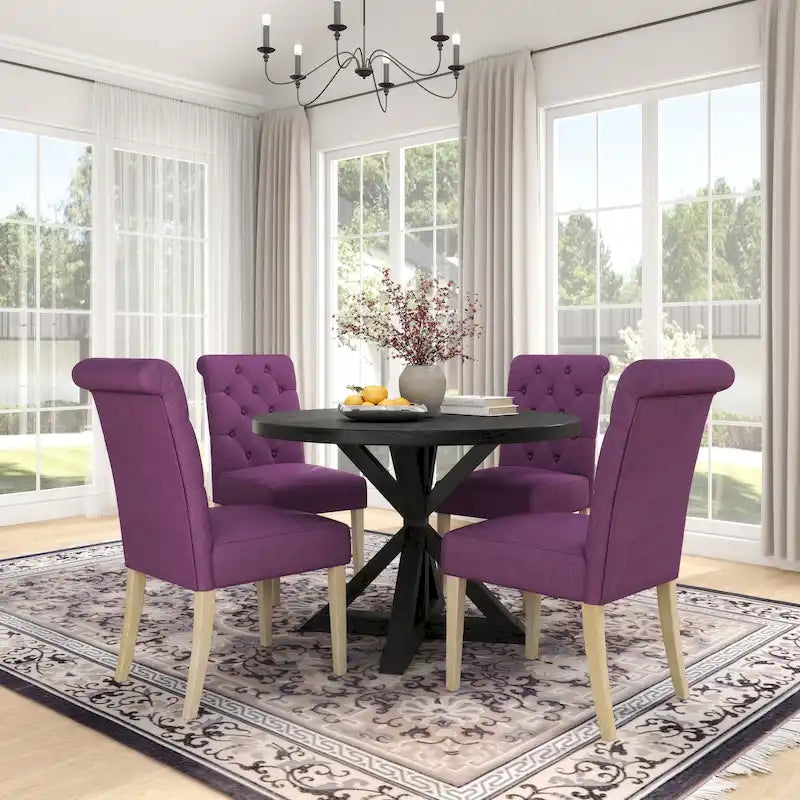 5-Piece Round Dining Set with Cross-Buck Pedestal Table & 4 Tufted Chairs