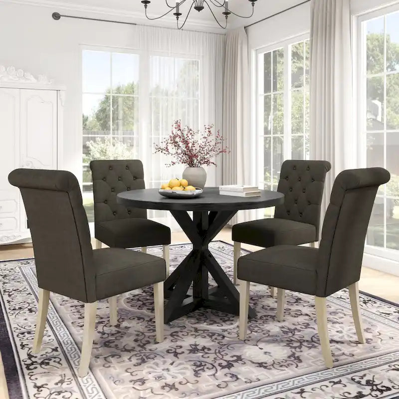 5-Piece Round Dining Set with Cross-Buck Pedestal Table & 4 Tufted Chairs