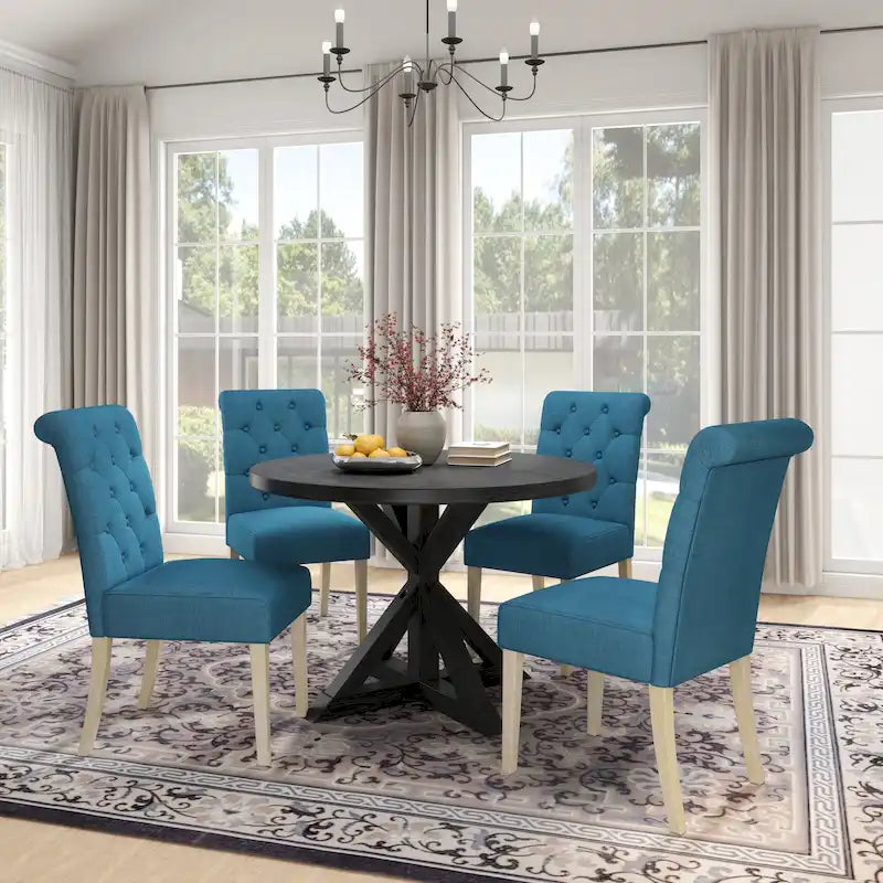 5-Piece Round Dining Set with Cross-Buck Pedestal Table & 4 Tufted Chairs