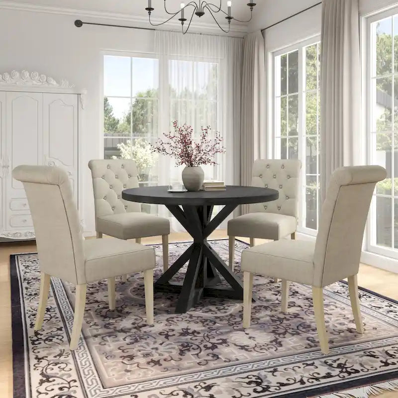 5-Piece Round Dining Set with Cross-Buck Pedestal Table & 4 Tufted Chairs
