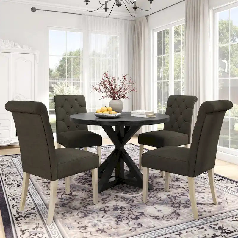 5-Piece Round Dining Set with Cross-Buck Pedestal Table & 4 Tufted Chairs