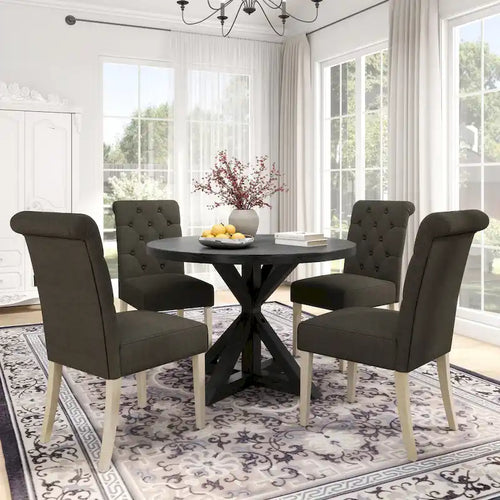 5-Piece Round Dining Set with Cross-Buck Pedestal Table & 4 Tufted Chairs