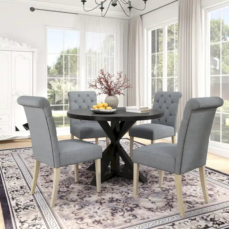 5-Piece Round Dining Set with Cross-Buck Pedestal Table & 4 Tufted Chairs