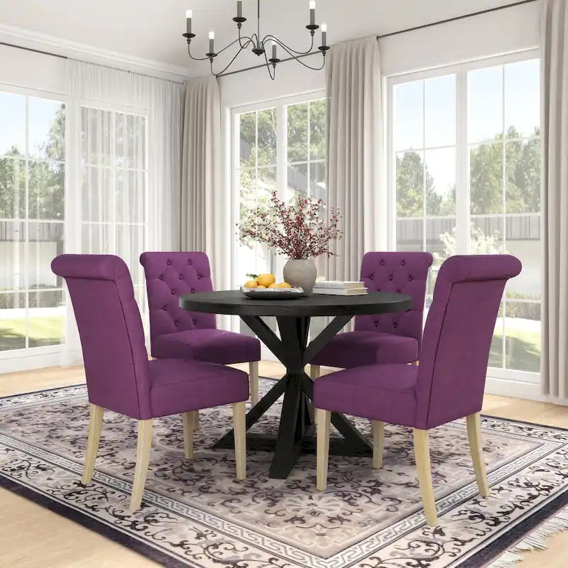 5-Piece Round Dining Set with Cross-Buck Pedestal Table & 4 Tufted Chairs