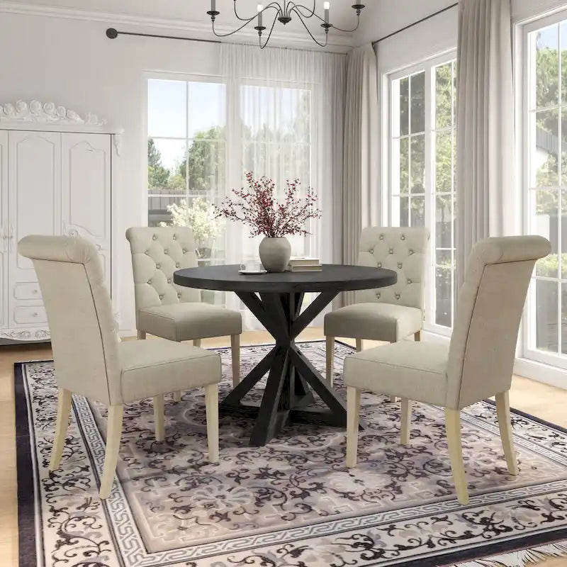 5-Piece Round Dining Set with Cross-Buck Pedestal Table & 4 Tufted Chairs