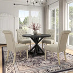 5-Piece Round Dining Set with Cross-Buck Pedestal Table & 4 Tufted Chairs