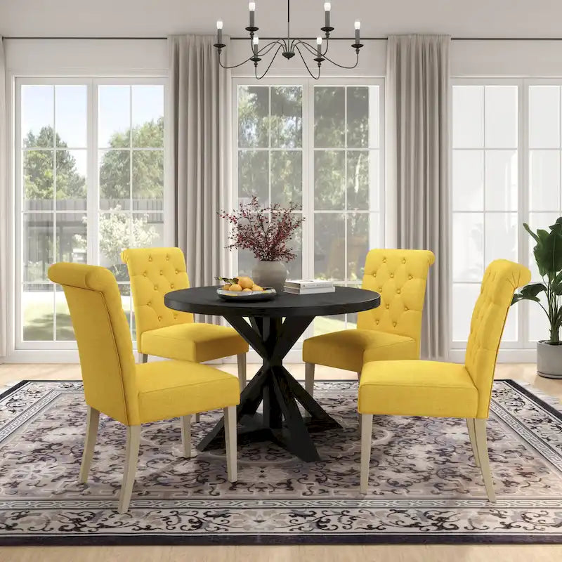 5-Piece Round Dining Set with Cross-Buck Pedestal Table & 4 Tufted Chairs
