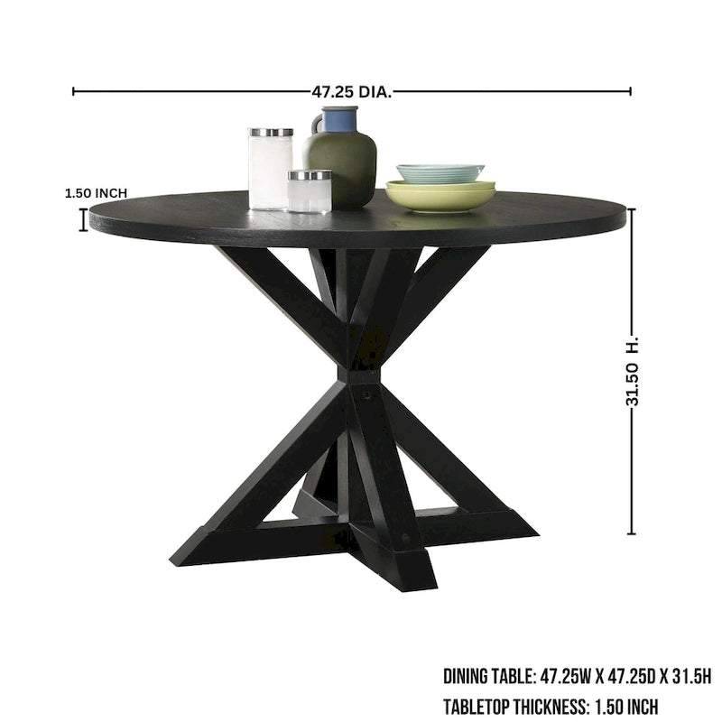 5-Piece Round Dining Set with Cross-Buck Pedestal Table & 4 Tufted Chairs