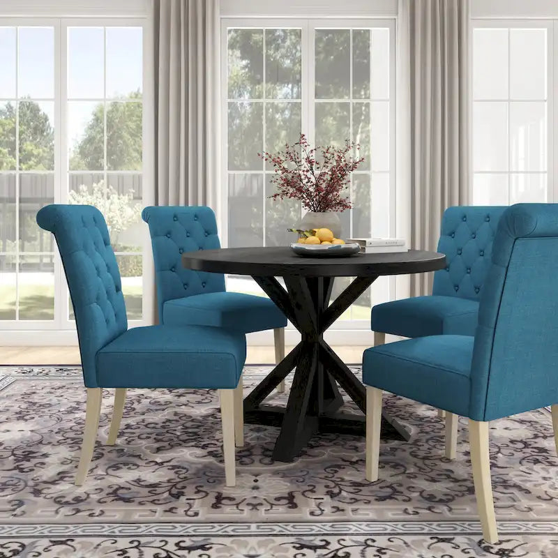 5-Piece Round Dining Set with Cross-Buck Pedestal Table & 4 Tufted Chairs