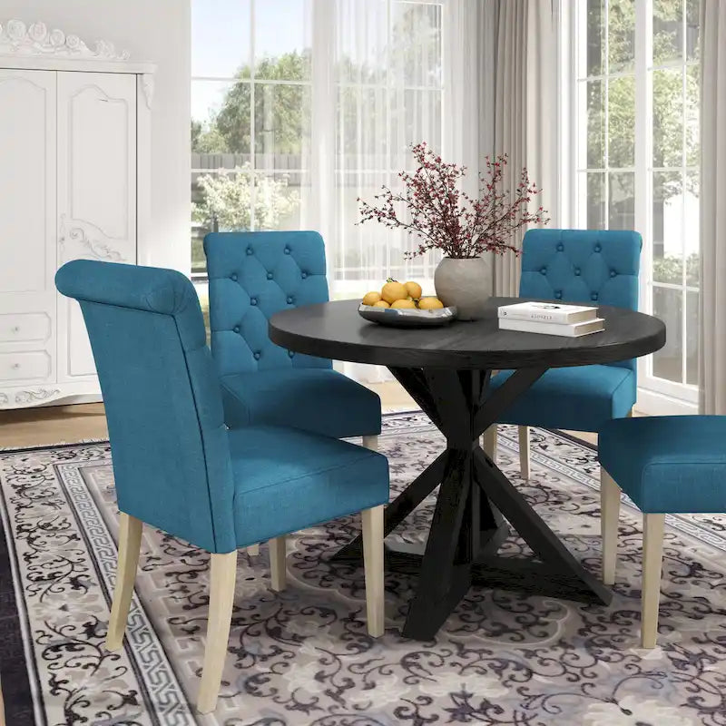 5-Piece Round Dining Set with Cross-Buck Pedestal Table & 4 Tufted Chairs