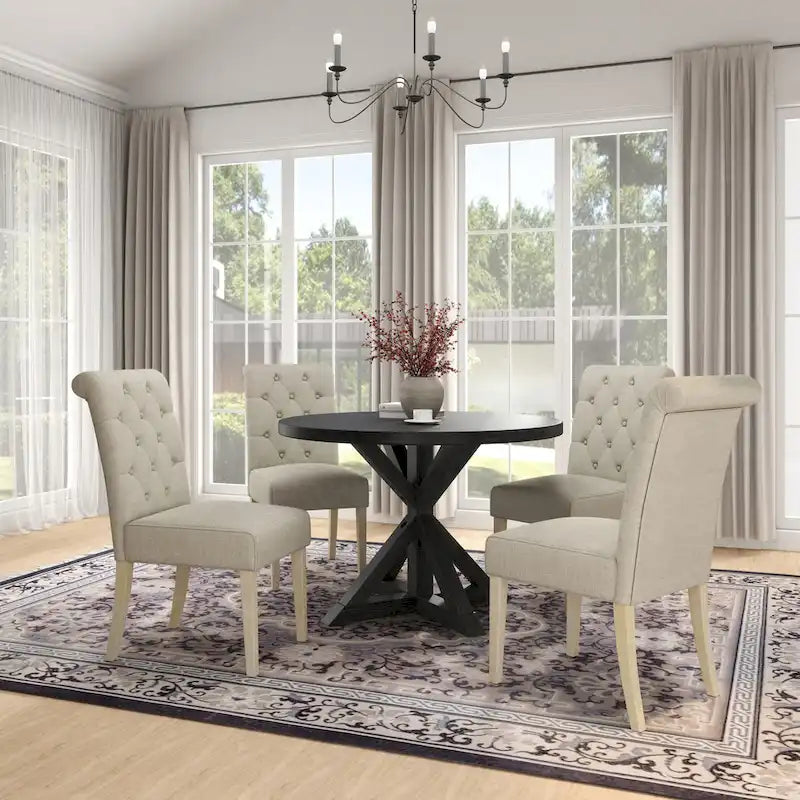 5-Piece Round Dining Set with Cross-Buck Pedestal Table & 4 Tufted Chairs