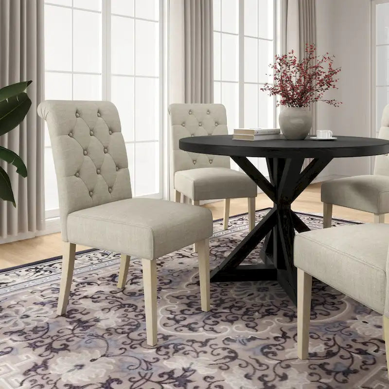 5-Piece Round Dining Set with Cross-Buck Pedestal Table & 4 Tufted Chairs