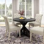 5-Piece Round Dining Set with Cross-Buck Pedestal Table & 4 Tufted Chairs