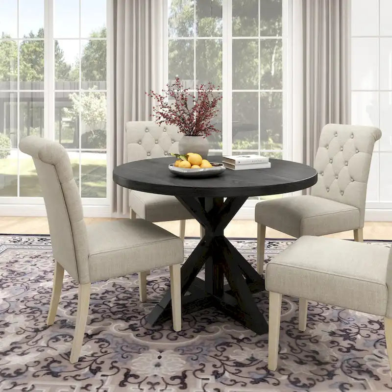 5-Piece Round Dining Set with Cross-Buck Pedestal Table & 4 Tufted Chairs