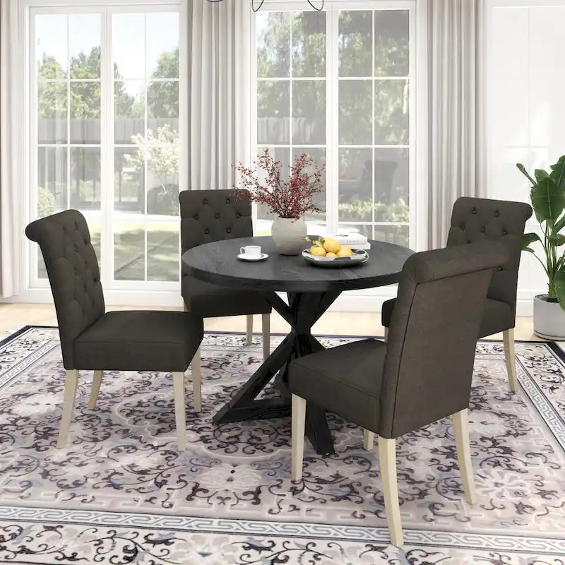 5-Piece Round Dining Set with Cross-Buck Pedestal Table & 4 Tufted Chairs