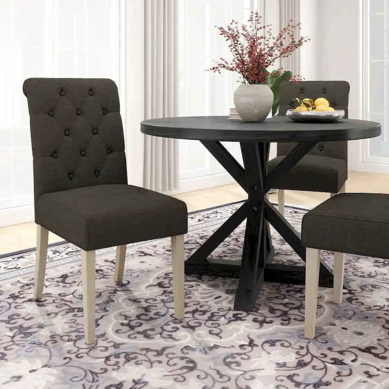 5-Piece Round Dining Set with Cross-Buck Pedestal Table & 4 Tufted Chairs