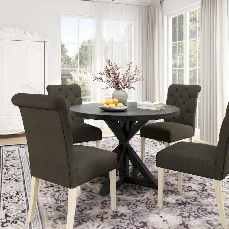5-Piece Round Dining Set with Cross-Buck Pedestal Table & 4 Tufted Chairs
