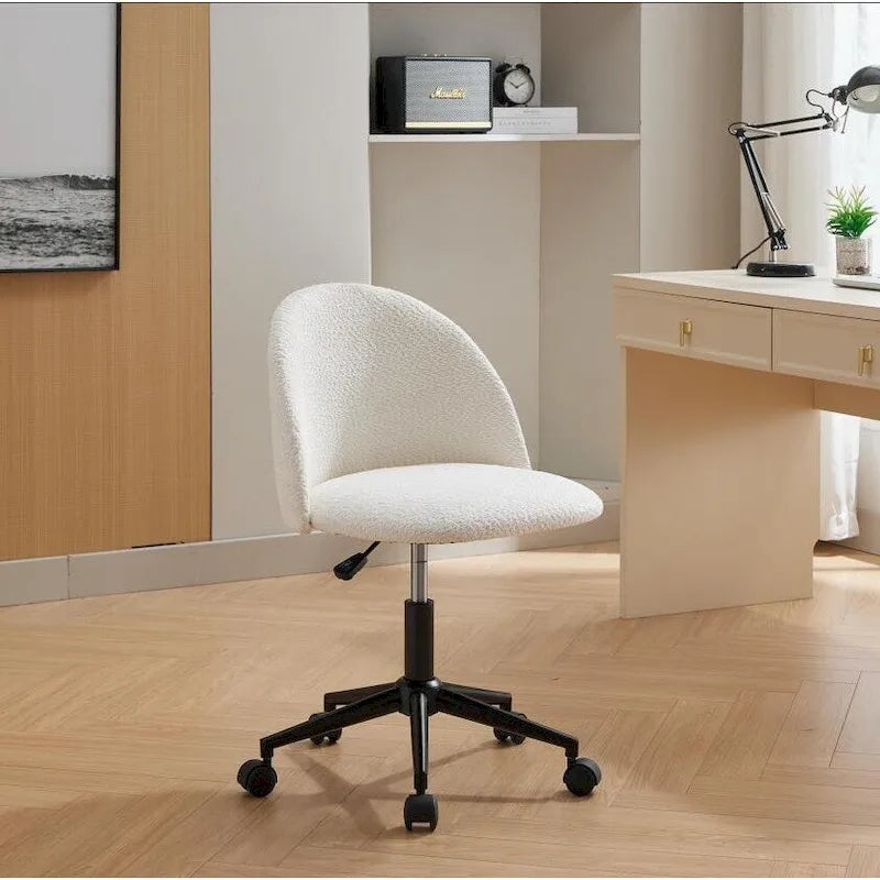 Mid-Back Boucle Upholstered Swivel Office Chair with Adjustable Height & Wheels