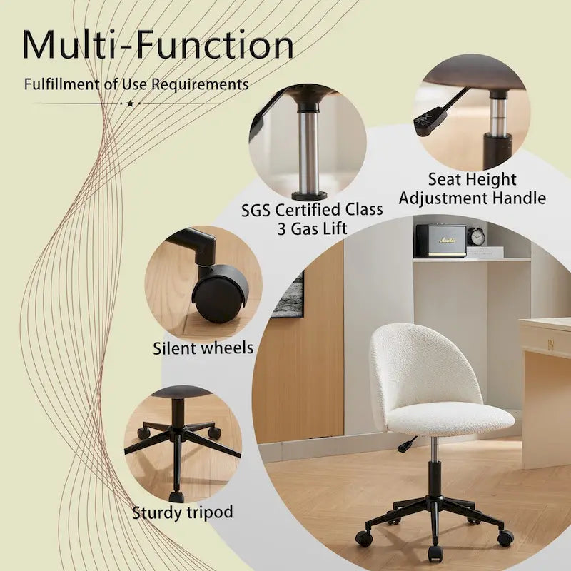 Mid-Back Boucle Upholstered Swivel Office Chair with Adjustable Height & Wheels