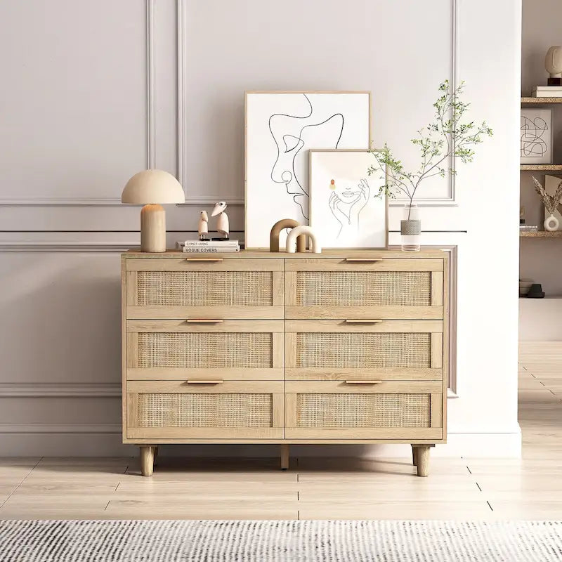 43-Inch 6-Drawer Rattan Storage Cabinet in Natural for Bedroom and Living Room