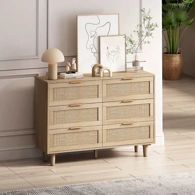 43-Inch 6-Drawer Rattan Storage Cabinet in Natural for Bedroom and Living Room