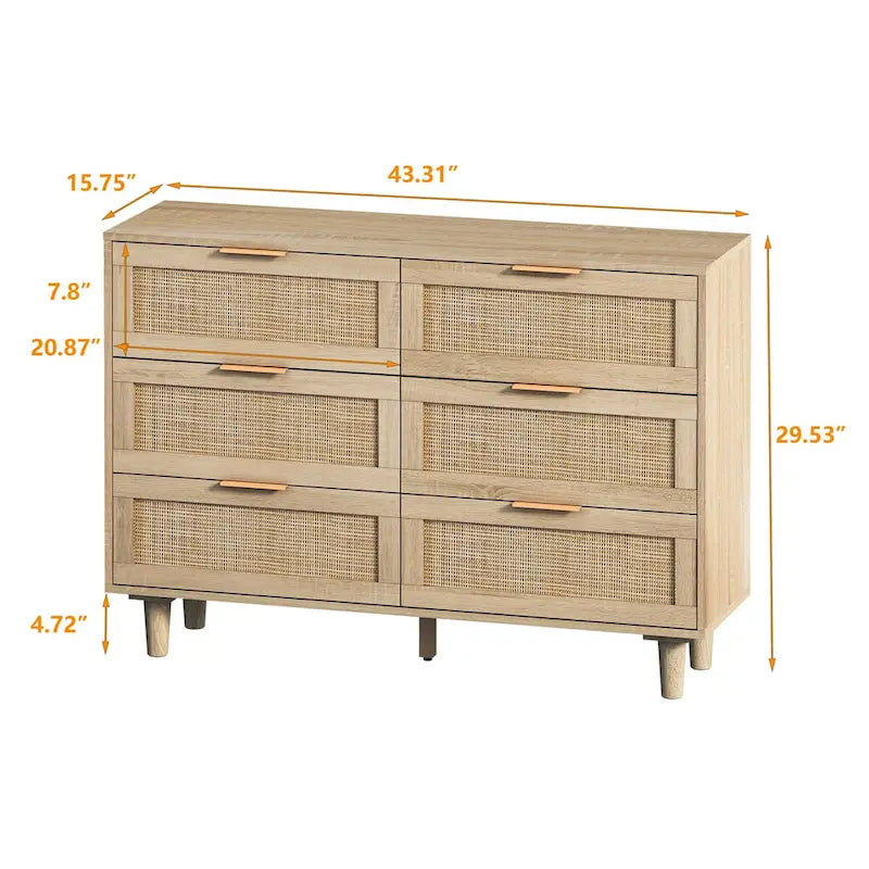 43-Inch 6-Drawer Rattan Storage Cabinet in Natural for Bedroom and Living Room