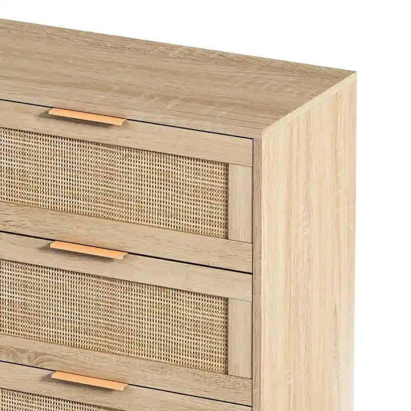 43-Inch 6-Drawer Rattan Storage Cabinet in Natural for Bedroom and Living Room