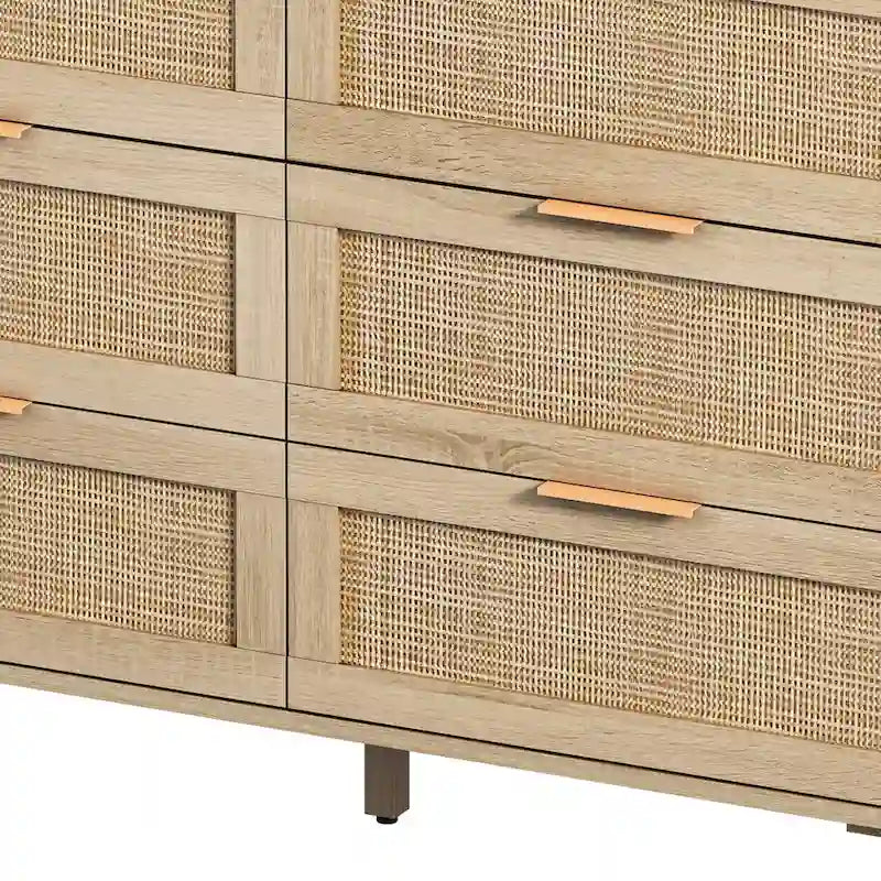 43-Inch 6-Drawer Rattan Storage Cabinet in Natural for Bedroom and Living Room